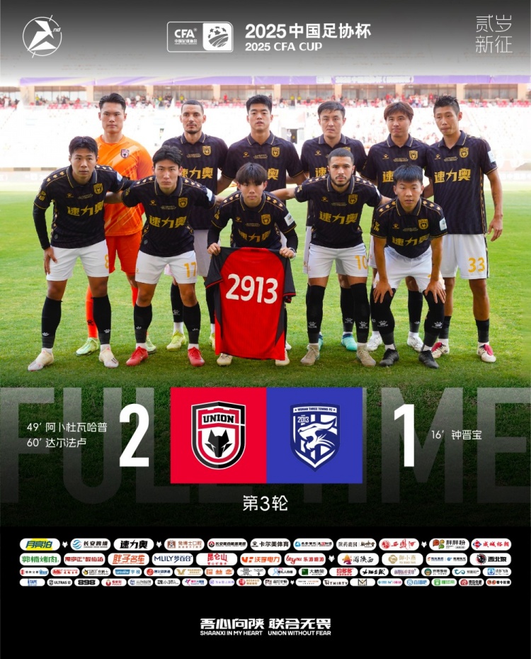 FULL TIME🔺足协杯第三轮，陕西联合2-1战胜武汉三镇