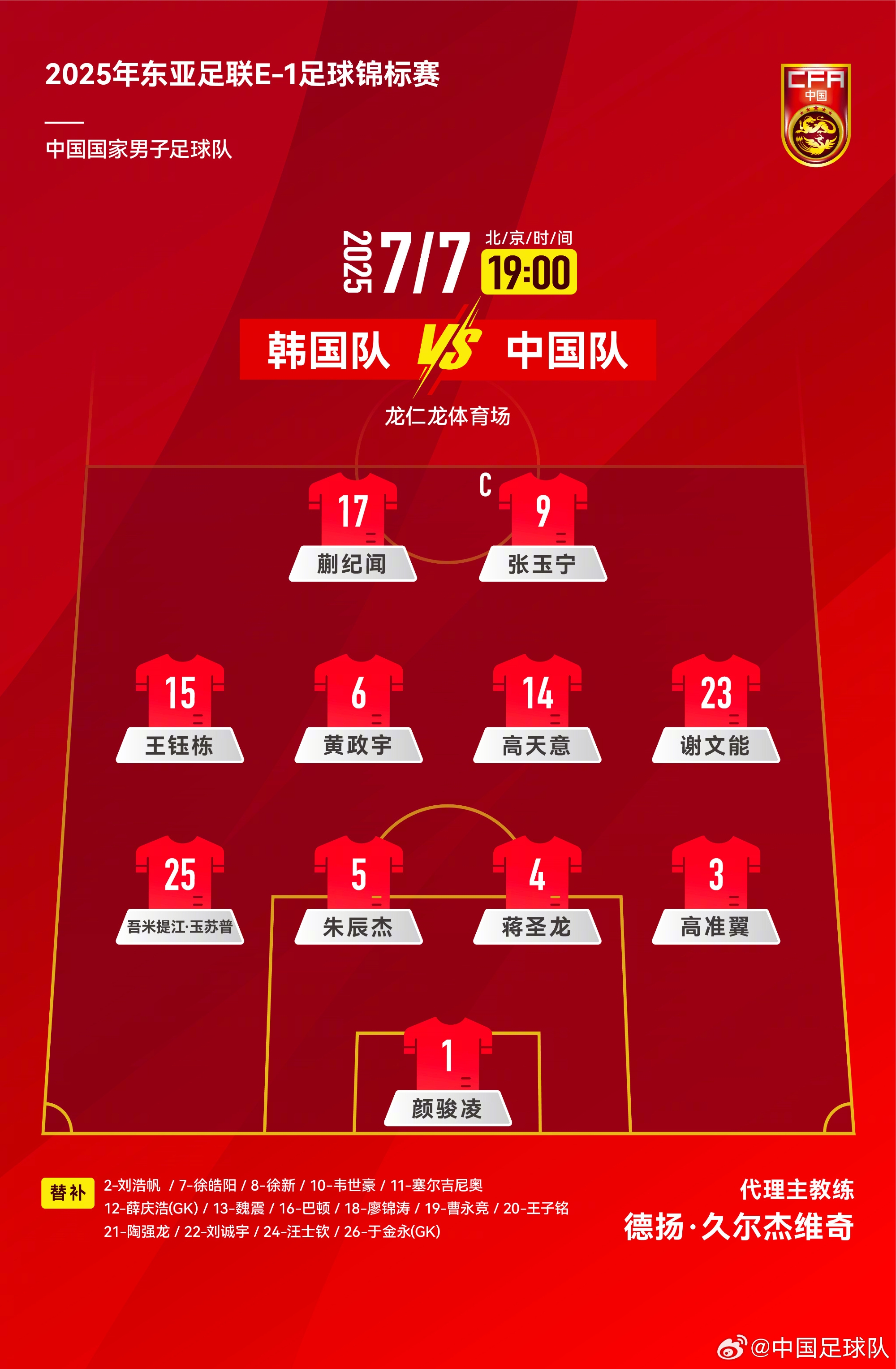 442！国足官方阵型图：蒯纪闻张玉宁双前锋，黄政宇高天意双后腰