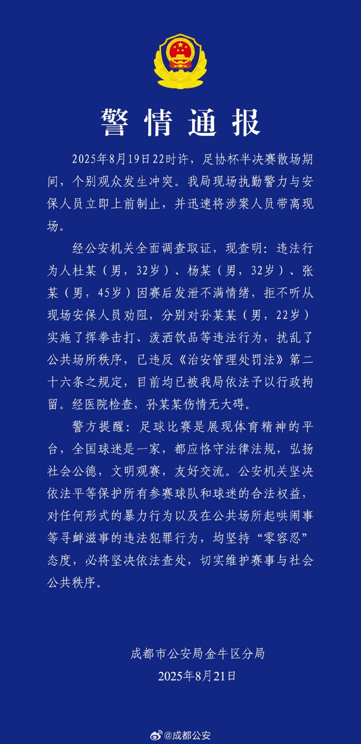 成都公安：足协杯半决赛后3人实施挥拳击打等违法行为 被行政拘留
